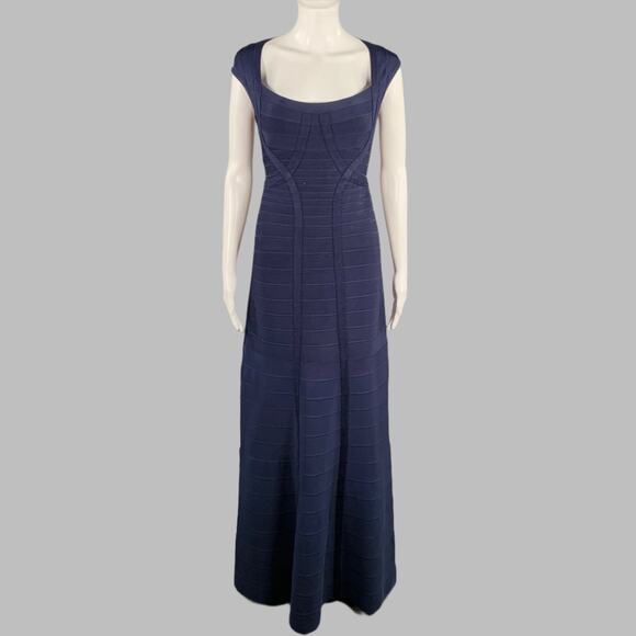 HERVE LEGER Size M Catarina Navy Rayon Blend Bandage Cap Sleeves Evening Gown - Picture 1 of 6